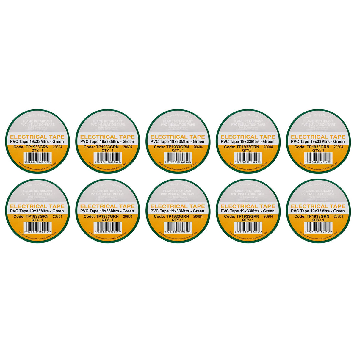 Green PVC Electrical Insulation Tape, 19mm x 33m (Pack of 10)