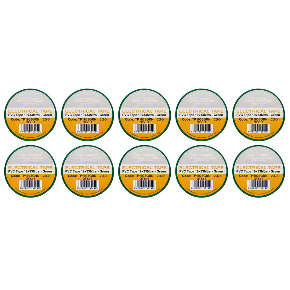 Green PVC Electrical Insulation Tape, 19mm x 33m (Pack of 10)