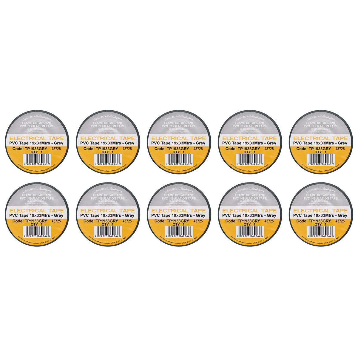 Grey PVC Electrical Insulation Tape, 19mm x 33m (Pack of 10)