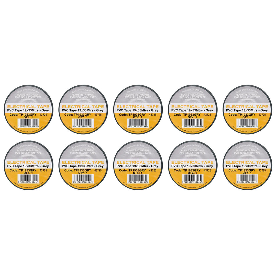 Grey PVC Electrical Insulation Tape, 19mm x 33m (Pack of 10)