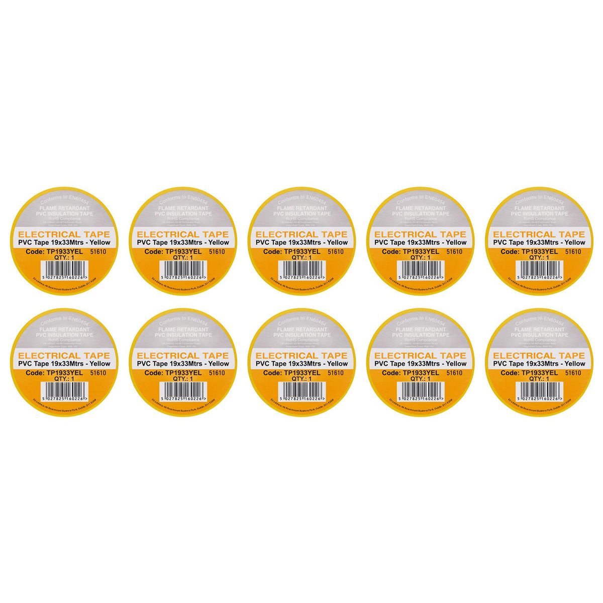 Yellow PVC Electrical Insulation Tape, 19mm x 33m (Pack of 10)