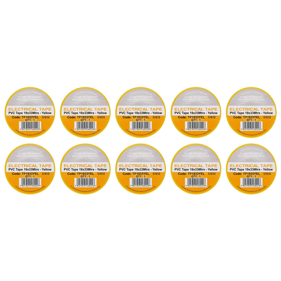 Yellow PVC Electrical Insulation Tape, 19mm x 33m (Pack of 10)
