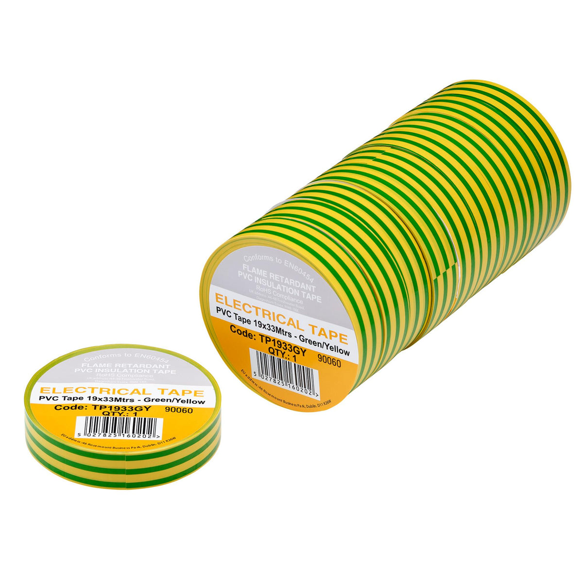 Green/Yellow PVC Electrical Insulation Tape, 19mm x 33m (Pack of 10)