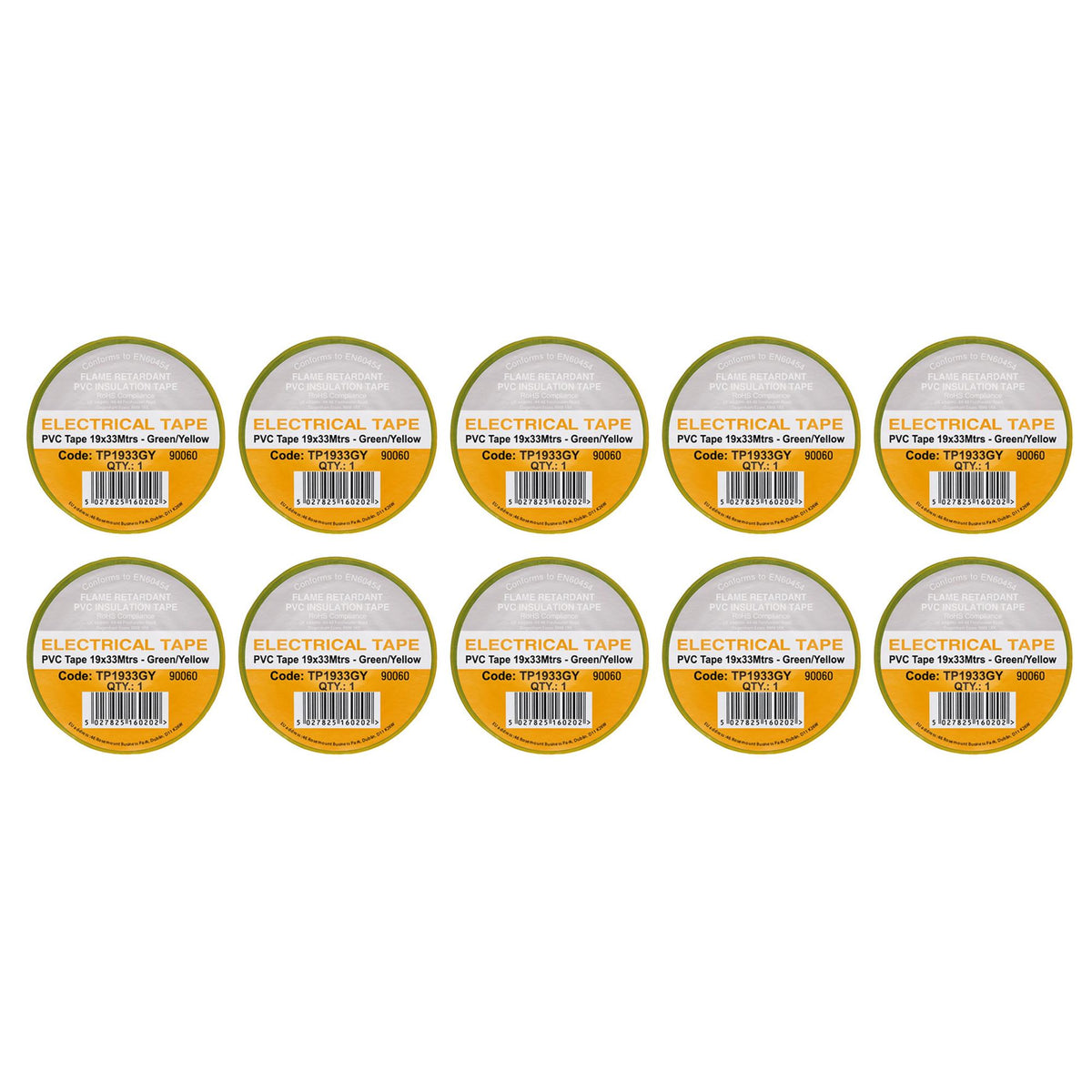 Green/Yellow PVC Electrical Insulation Tape, 19mm x 33m (Pack of 10)