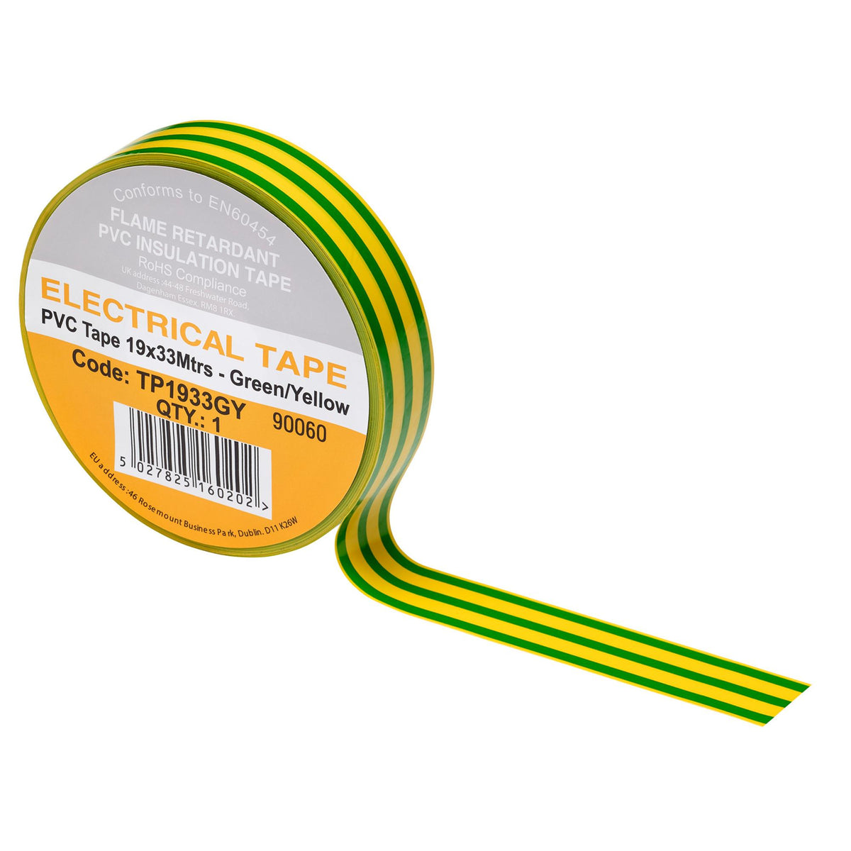 Green/Yellow PVC Electrical Insulation Tape, 19mm x 33m (Pack of 10)