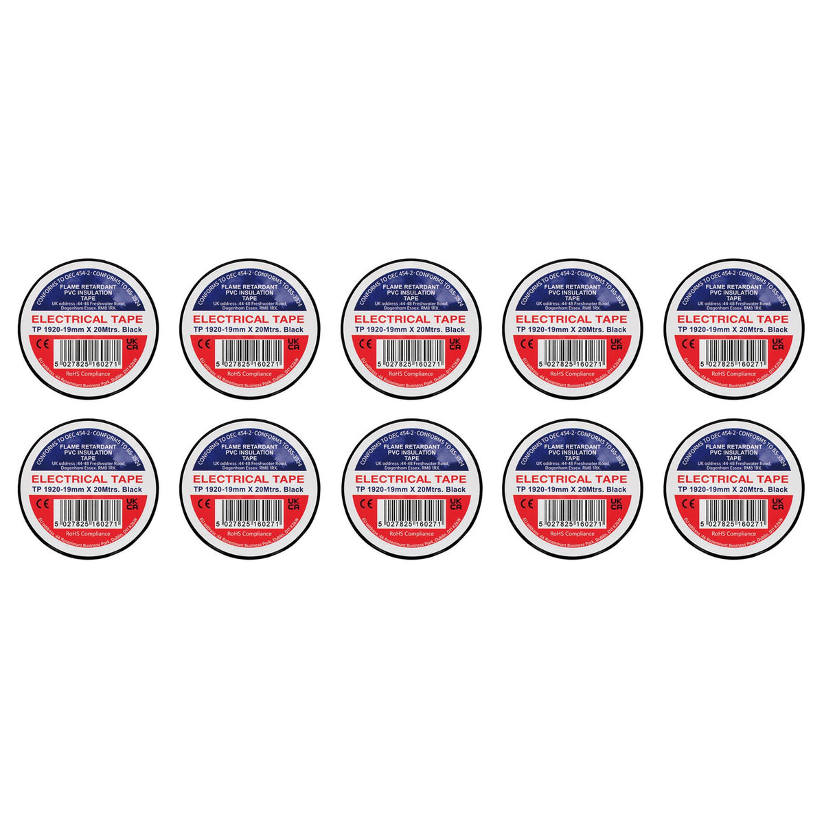 Black PVC Electrical Insulation Tape, 19mm x 20m (Pack of 10)