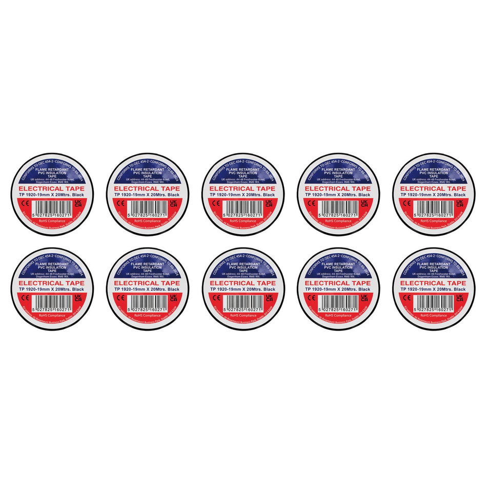 Black PVC Electrical Insulation Tape, 19mm x 20m (Pack of 10)