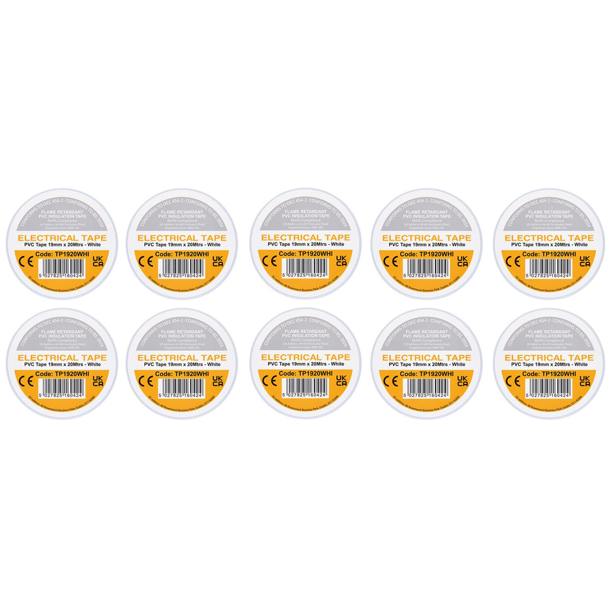 White PVC Electrical Insulation Tape, 19mm x 20m (Pack of 10)
