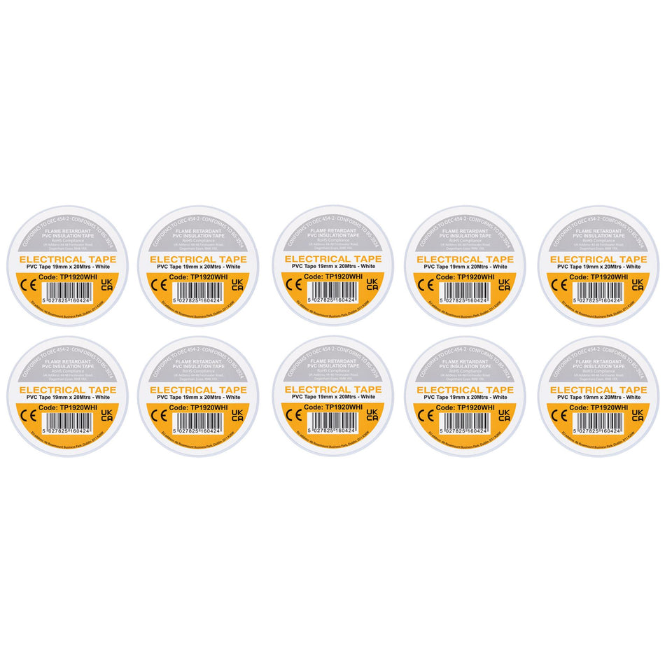 White PVC Electrical Insulation Tape, 19mm x 20m (Pack of 10)