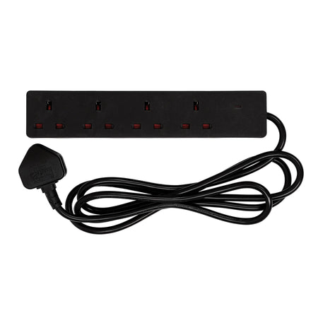 4 Way Black Extension Lead, 2m
