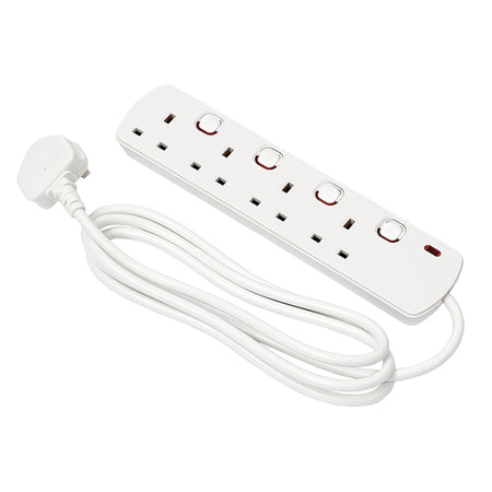 4 Way White Switch Protected Extension Lead, 2m