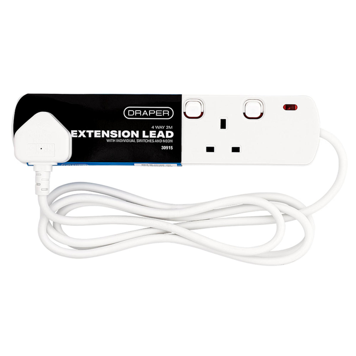 4 Way White Switch Protected Extension Lead, 2m