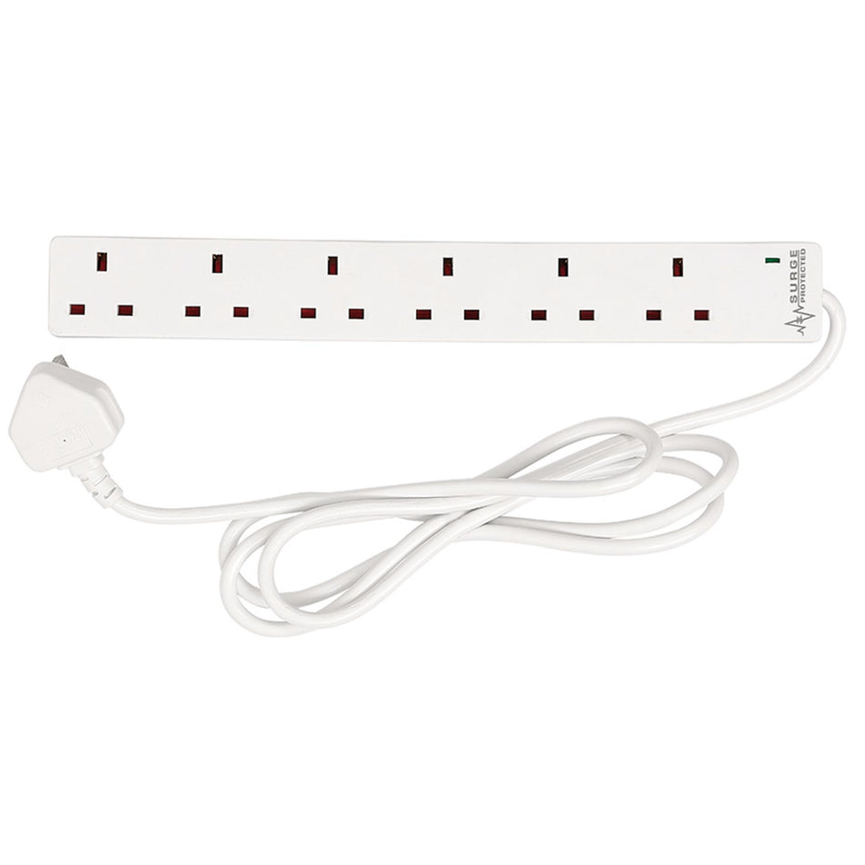 6 Way White Extension Lead, 2m