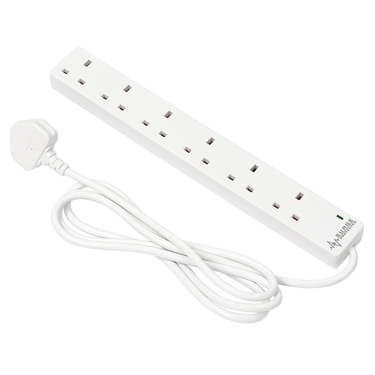 6 Way White Extension Lead, 2m