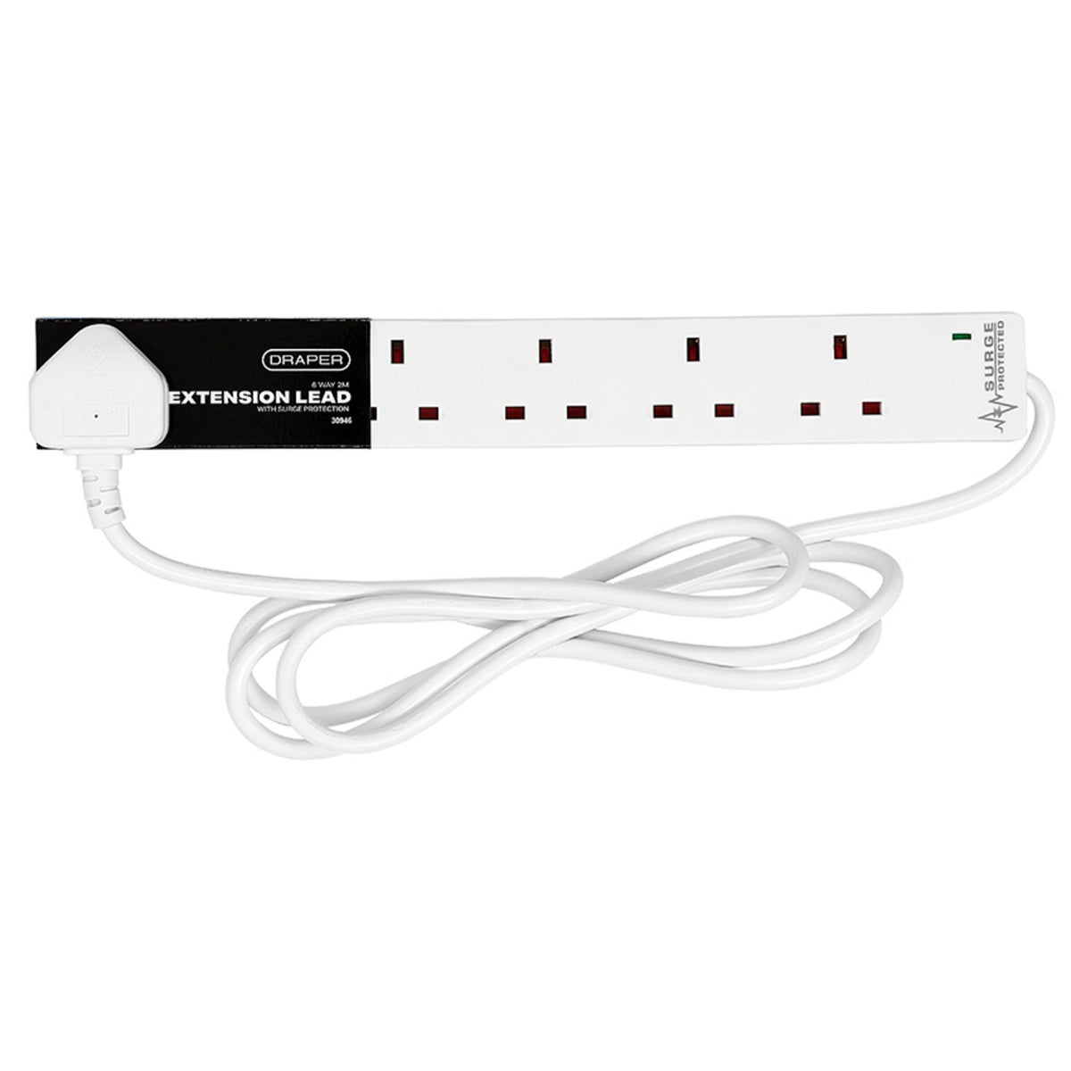 6 Way White Extension Lead, 2m