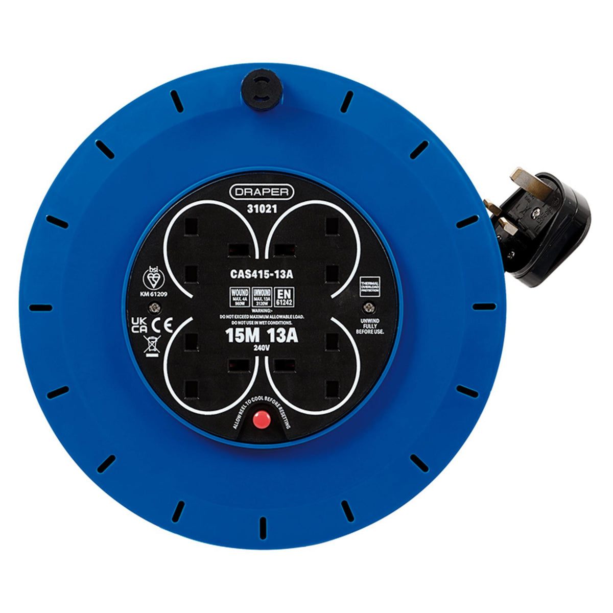 230V 13A 4 Socket Cassette Reel, 15m