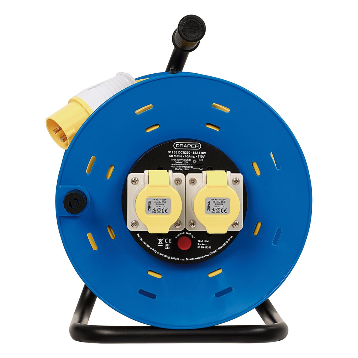 16A 110V 2 Socket Open Cable Reel, 50m