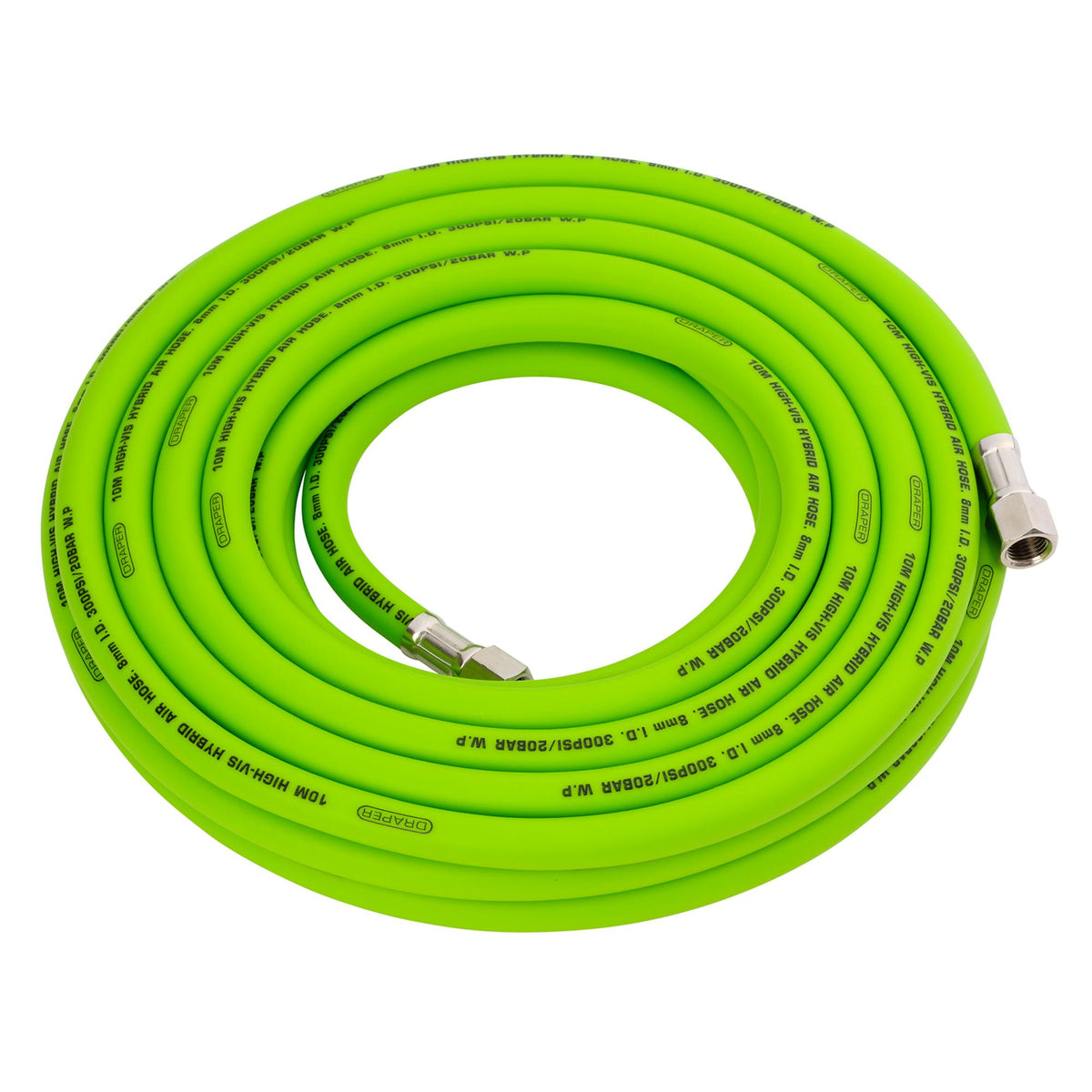 High Visibility Hybrid Air Hose, 10m x 8mm, 1/4" BSP, Green