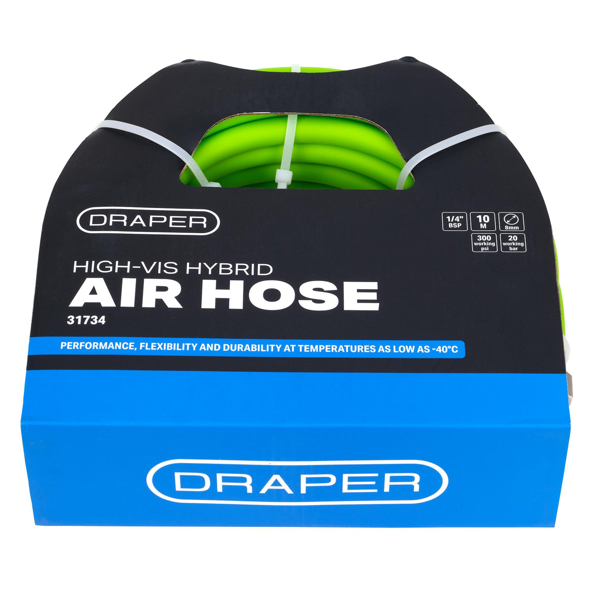 High Visibility Hybrid Air Hose, 10m x 8mm, 1/4" BSP, Green
