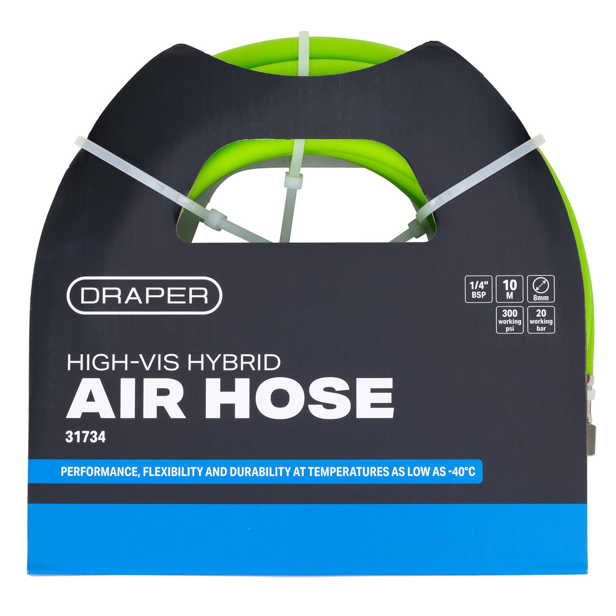 High Visibility Hybrid Air Hose, 10m x 8mm, 1/4" BSP, Green