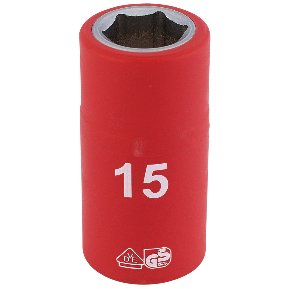 DRAPER 1/2" Sq. Dr. Fully Insulated VDE Socket (15mm): Model No. H6VDE-MM/B