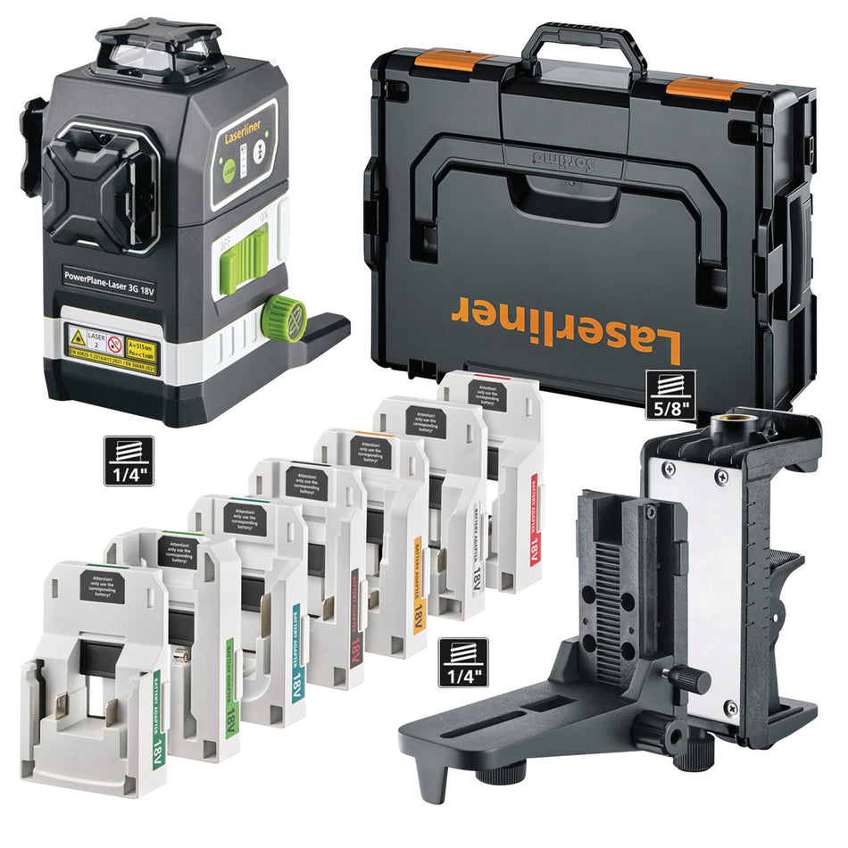 Laserliner 036.380-1 PowerPlane-Laser 3G Multi-18V Three-Dimensional Green Laser Kit with 7 Power Adapters