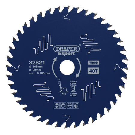 Draper Expert TCT Circular Saw Blade for Wood with PTFE Coating, 165 x 20mm, 40T: Model No. SBE1