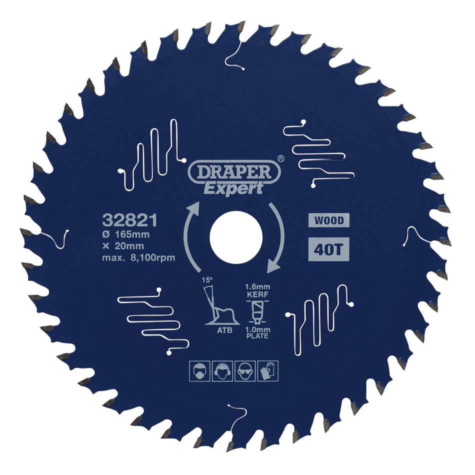 Draper Expert TCT Circular Saw Blade for Wood with PTFE Coating, 165 x 20mm, 40T: Model No. SBE1