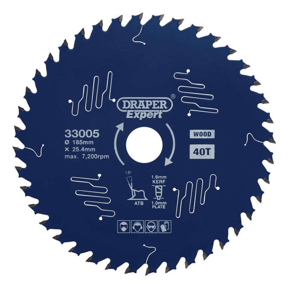 Draper Expert TCT Circular Saw Blade for Wood with PTFE Coating, 185 x 25.4mm, 40T: Model No. SBE2