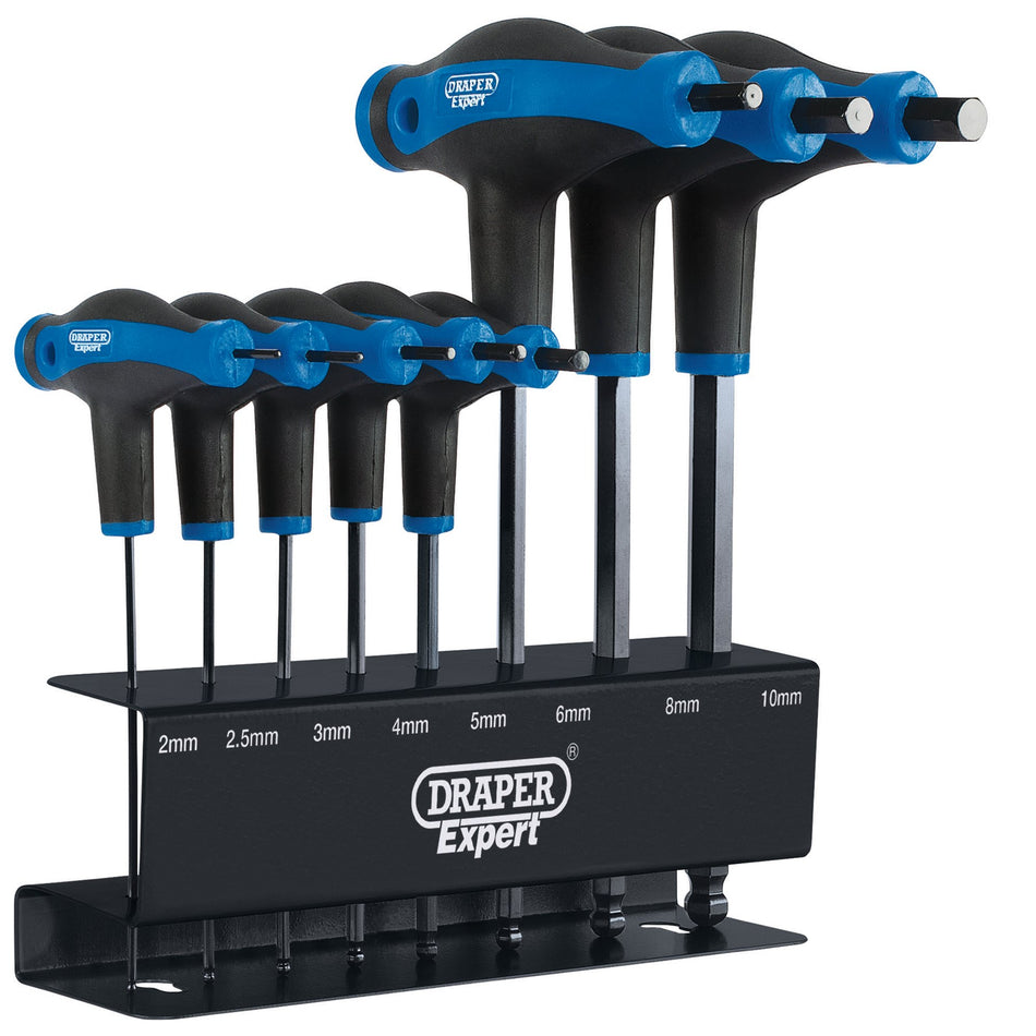DRAPER Expert 8 piece Soft Grip 'T' Handle Hexagon and Ball End Key Set: Model No.THEX/SG/8/B