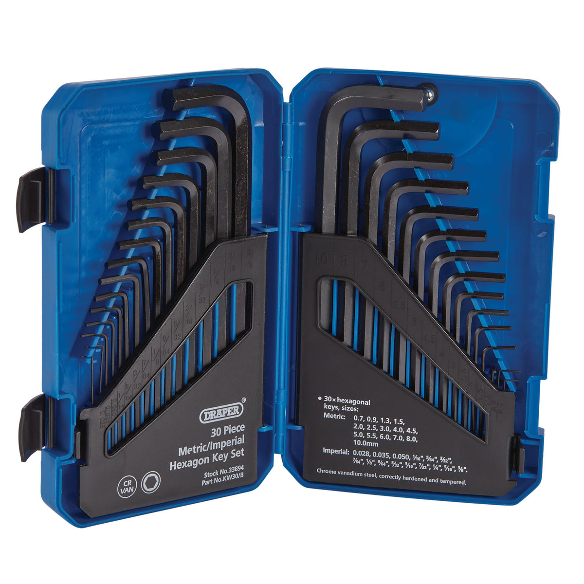 DRAPER 30 piece Metric/Imperial Combined Long Pattern Hexagon Key Set: Model No.KW30/B