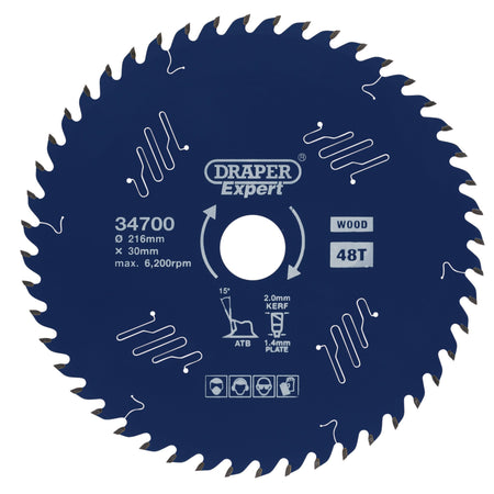 Draper Expert TCT Circular Saw Blade for Wood with PTFE Coating, 216 x 30mm, 48T: Model No. SBE4