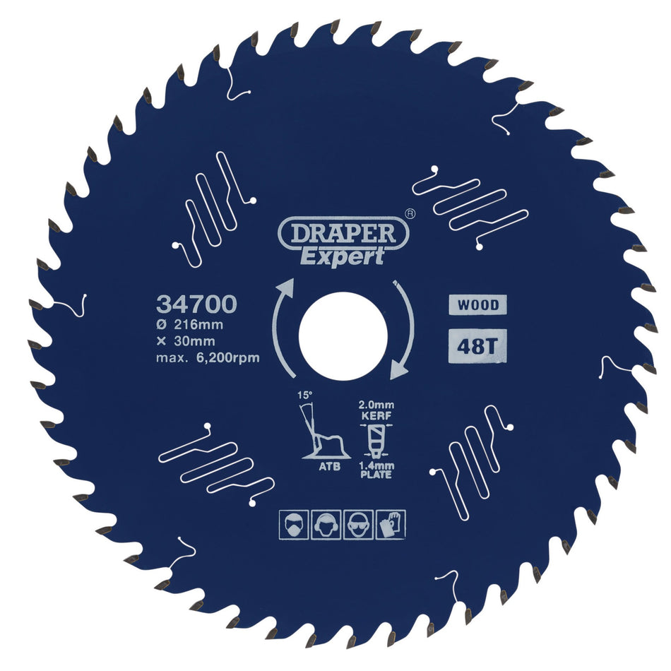 Draper Expert TCT Circular Saw Blade for Wood with PTFE Coating, 216 x 30mm, 48T: Model No. SBE4