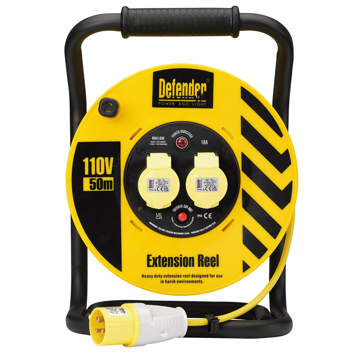Defender E86500 110V Industrial Cable Reel, 1.5mm², 16A, 50m