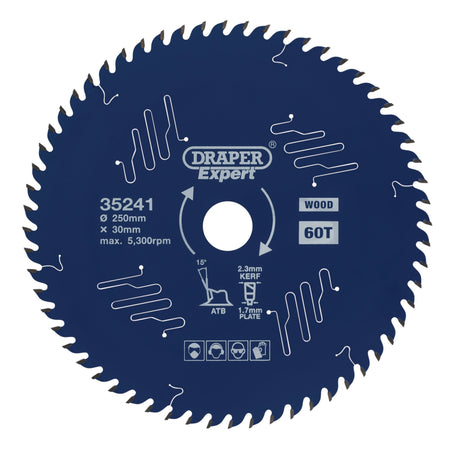 Draper Expert TCT Circular Saw Blade for Wood with PTFE Coating, 250 x 30mm, 60T: Model No. SBE5