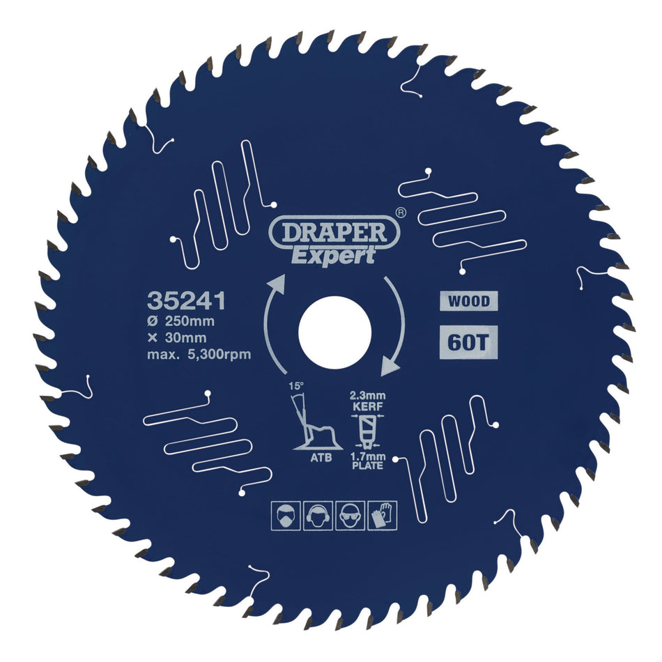 Draper Expert TCT Circular Saw Blade for Wood with PTFE Coating, 250 x 30mm, 60T: Model No. SBE5