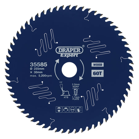 Draper Expert TCT Circular Saw Blade for Wood with PTFE Coating, 255 x 30mm, 60T: Model No. SBE6