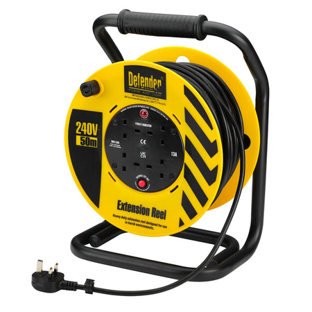 Defender E86515 230V 4-Way Industrial Trade Cable Extension Reel, 50m