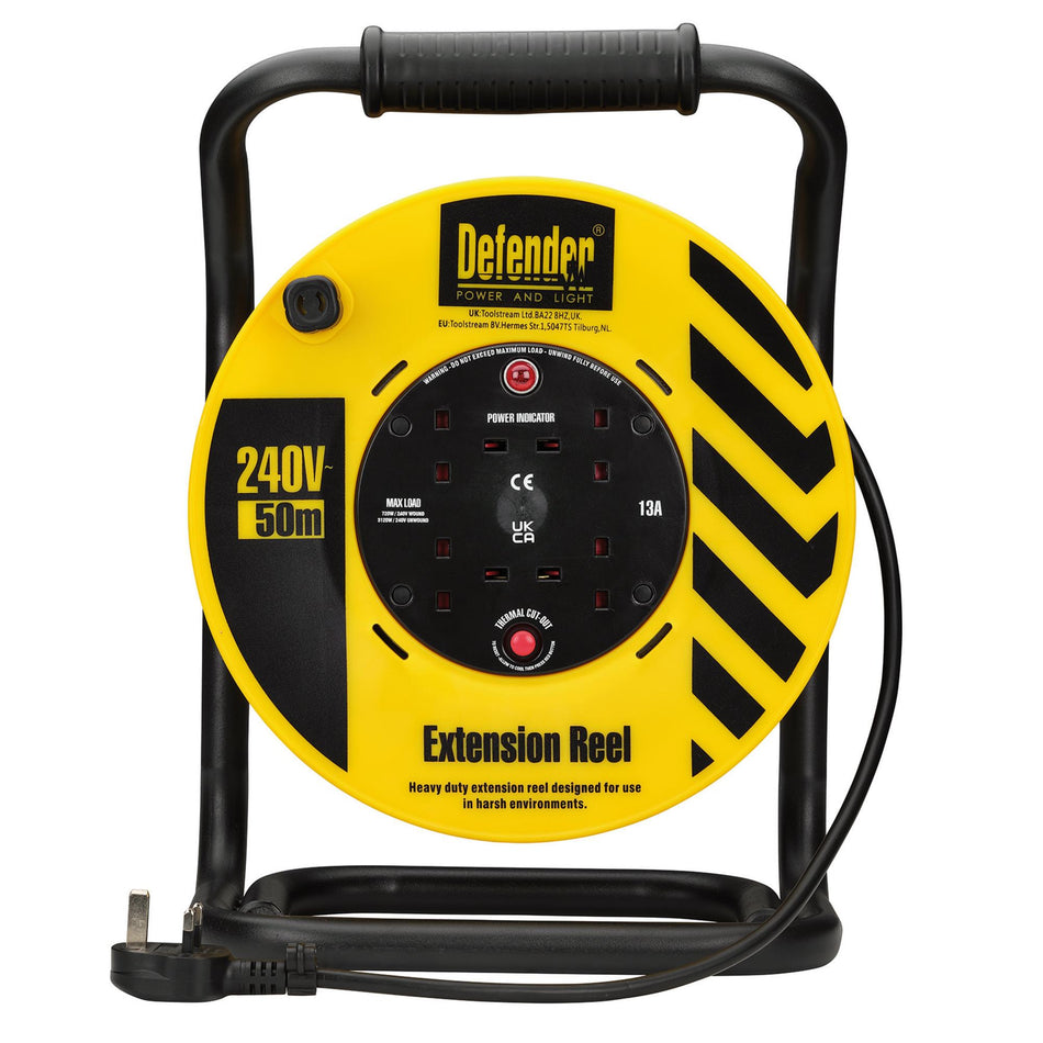 Defender E86515 230V 4-Way Industrial Trade Cable Extension Reel, 50m