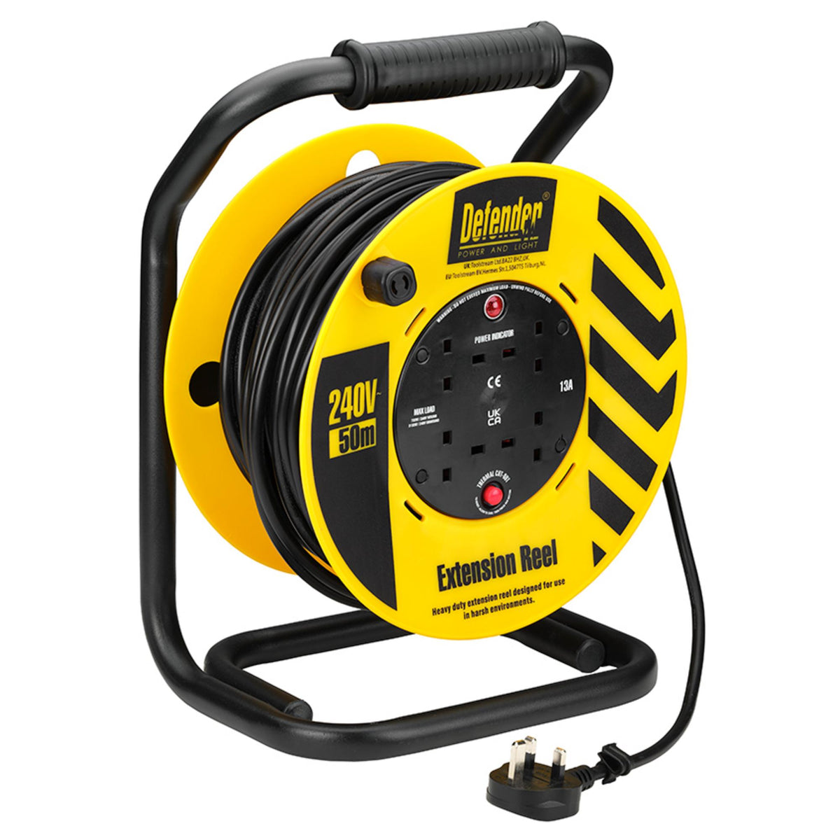 Defender E86515 230V 4-Way Industrial Trade Cable Extension Reel, 50m
