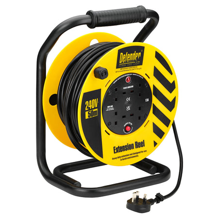Defender E86515 230V 4-Way Industrial Trade Cable Extension Reel, 50m
