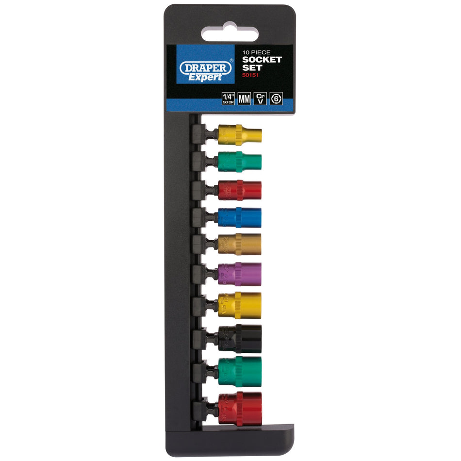 DRAPER 1/4" Sq. Dr. Metric Coloured Socket Set (10 Piece)Piece): Model No. B10M/6PT/C/E