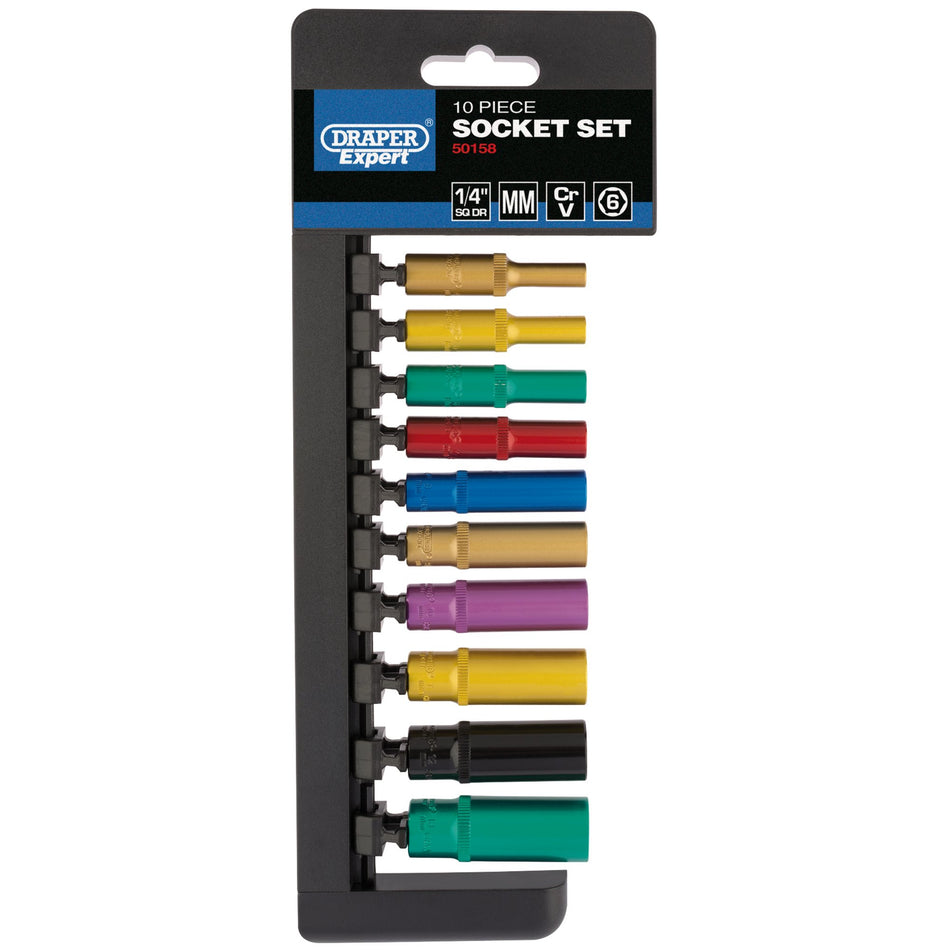 DRAPER 1/4" Sq. Dr. Metric Coloured Deep Socket Set (10 Piece): Model No. B10MD/6PT/C/E