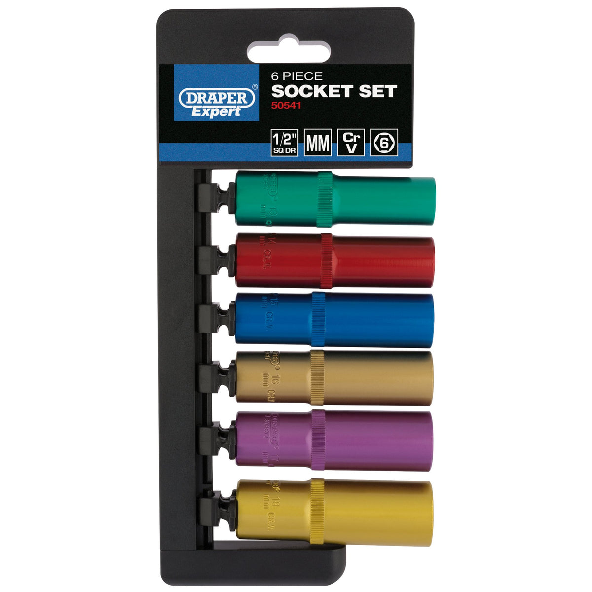 DRAPER 1/2" Sq. Dr. Metric Coloured Deep Socket Set (10 Piece): Model No. H6M/6PT/C/E