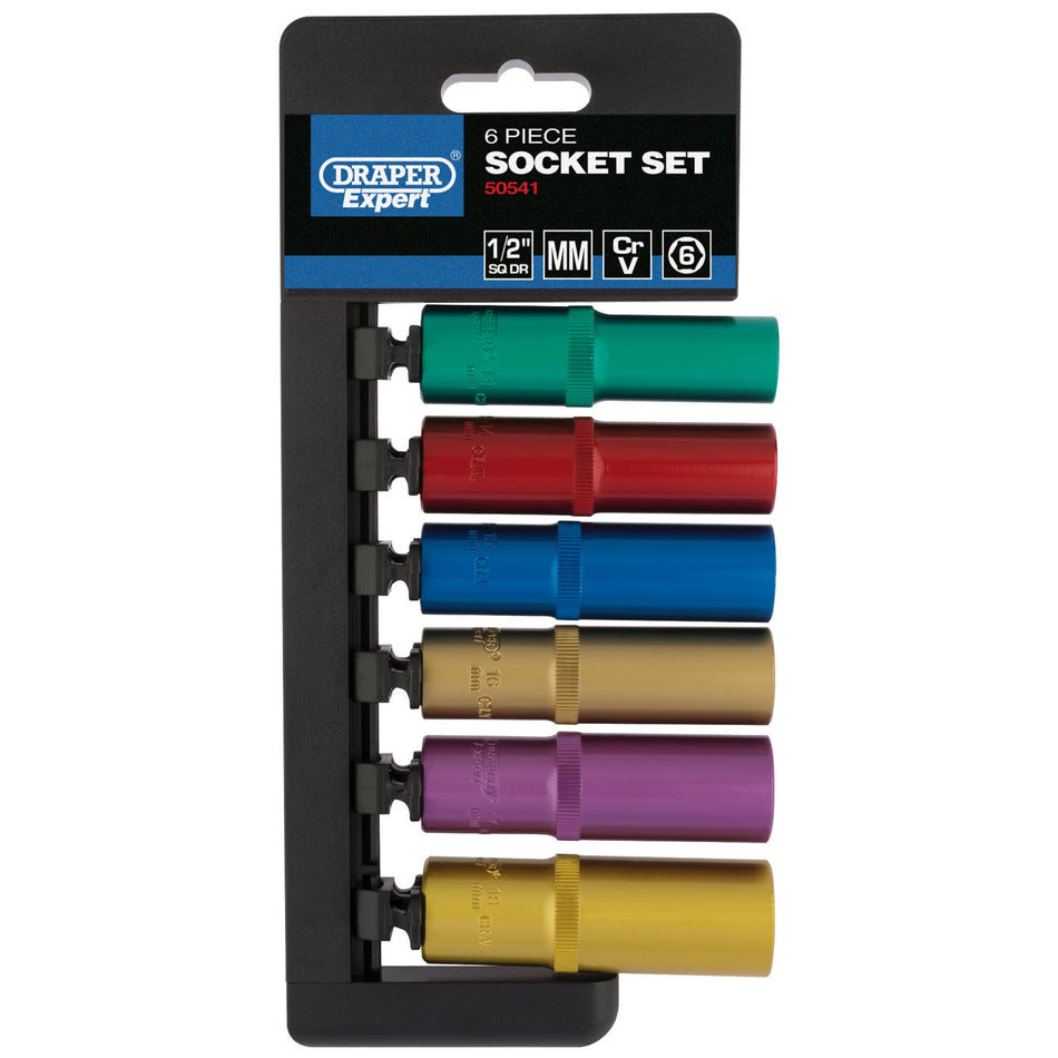 DRAPER 1/2" Sq. Dr. Metric Coloured Deep Socket Set (10 Piece): Model No. H6M/6PT/C/E