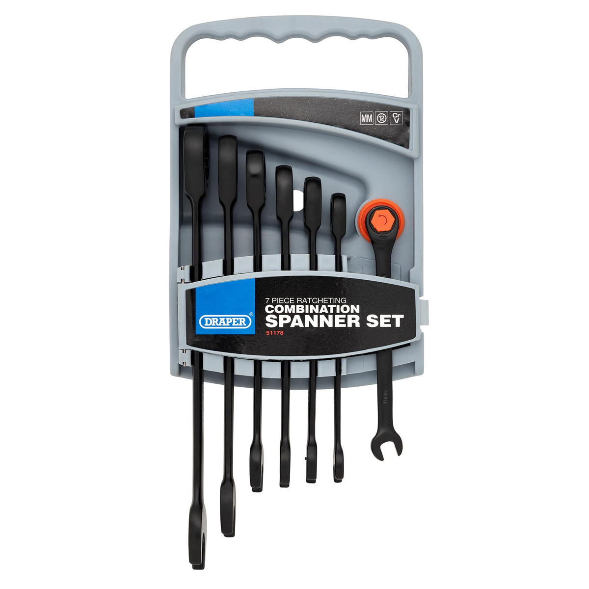 Metric Ratcheting Combination Spanner Set Draper Hi-Torq® (7 Piece) Model. No. 8230MM/7/BK