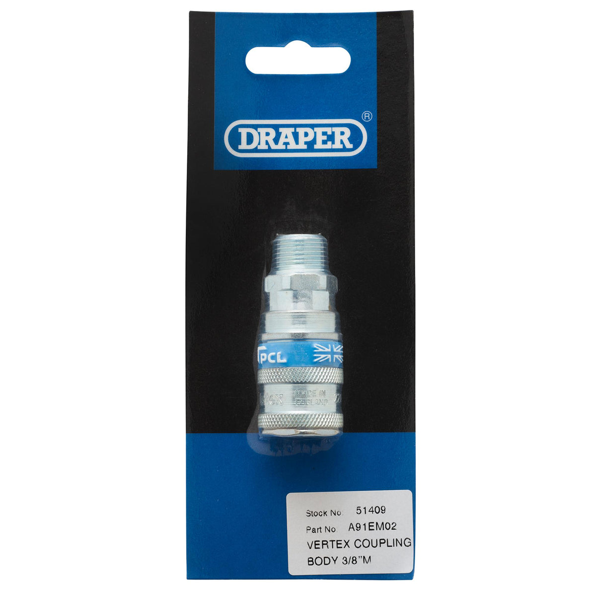 DRAPER 3/8in. BSP Taper Male Thread Vertex Air Coupling: Model No.A91EM02 PACKED