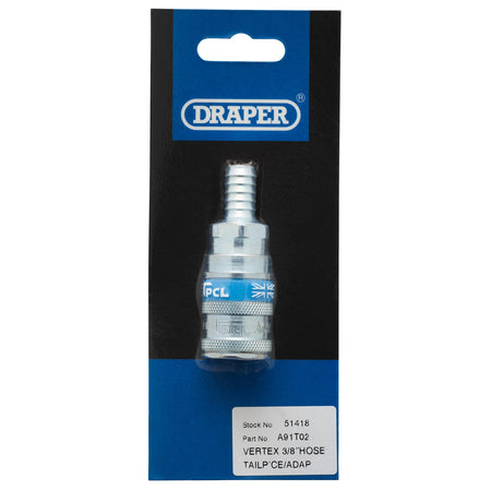 DRAPER 3/8in. Bore Vertex Air Line Coupling with Tailpiece: Model No.A91T02 PACKED