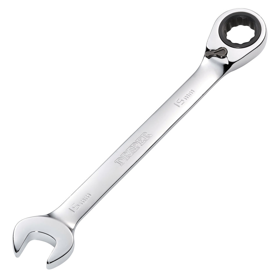 DRAPER 15mm Draper Hi-Torq ; Metric Reversible Ratcheting Combination Spanner: Model No.8230RMMB