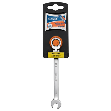 DRAPER 9mm Draper Hi-Torq ; Metric Flexible Head Ratcheting Combination Spanner: Model No.8230FMMB